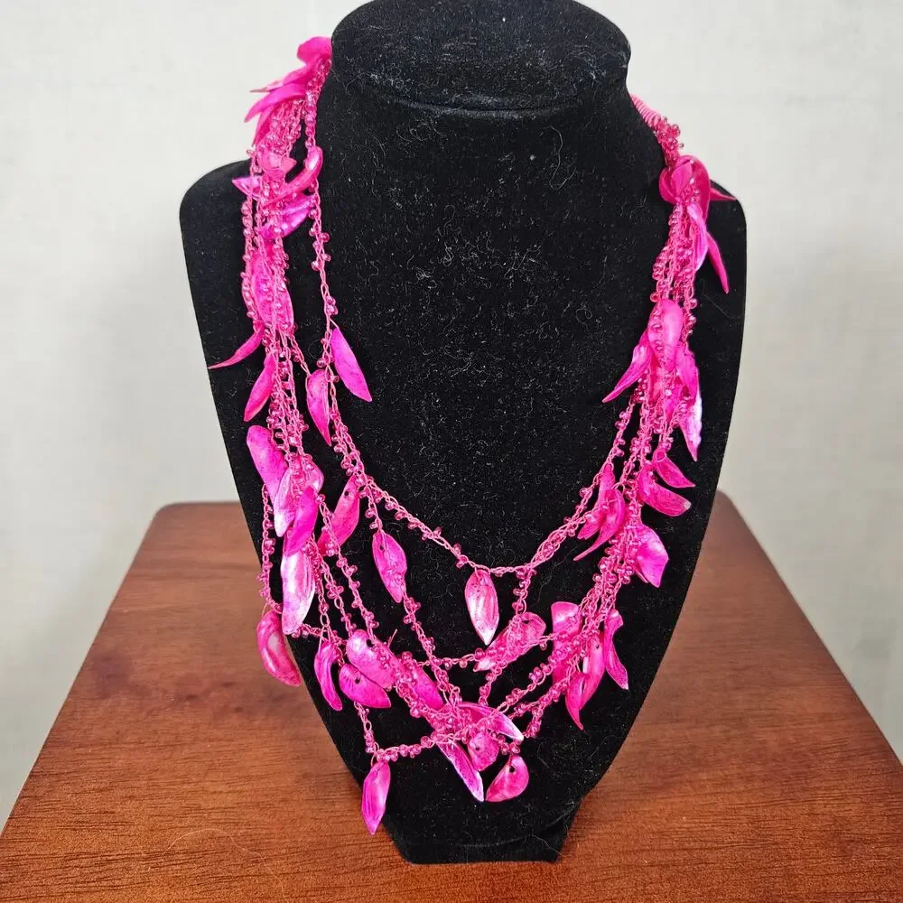 Hot Pink Beaded Feather Fashion Necklace